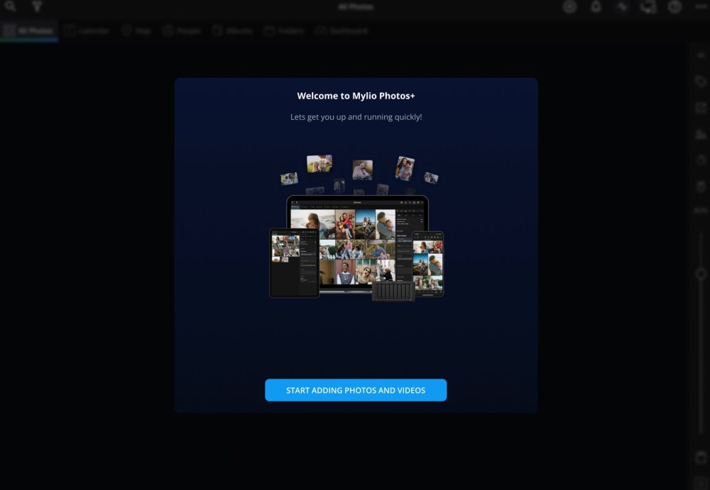 The "Welcome to Mylio Photos+" screen with a "Start Adding Photos and Videos" button.