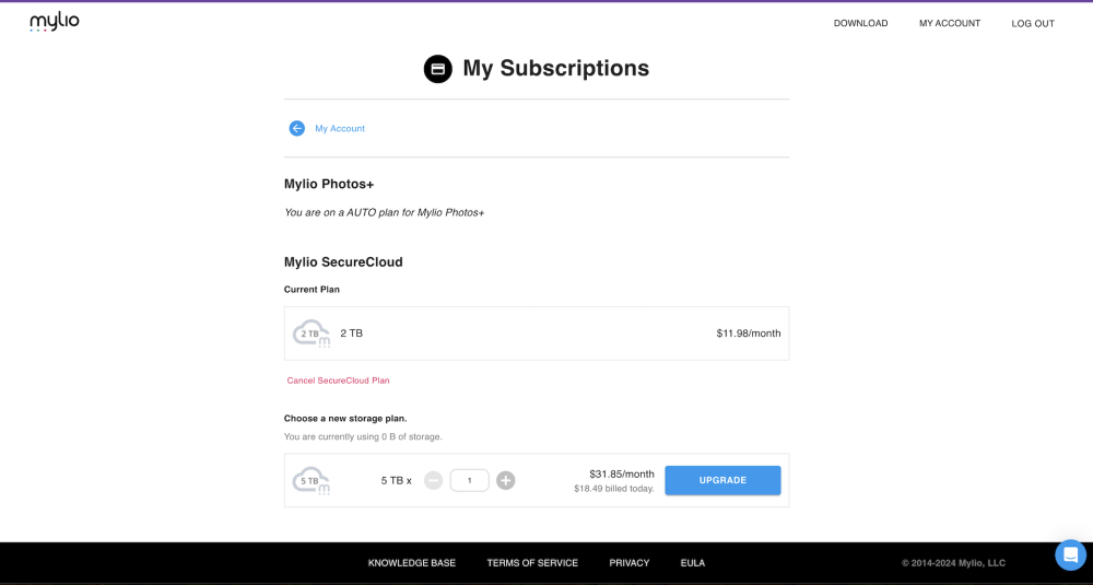 The My Subscriptions page showing the current Mylio SecureCloud plan, a "Cancel SecureCloud Plan" link, and an option to upgrade to a larger storage plan.
