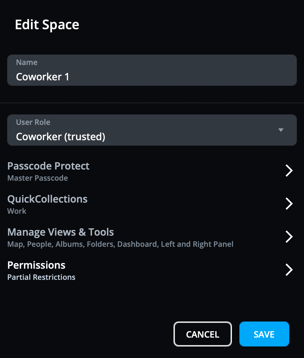 The Edit Space dialog for a coworker's Space, with User Role set to "Coworker (trusted)" and Permissions set to Partial Restrictions.