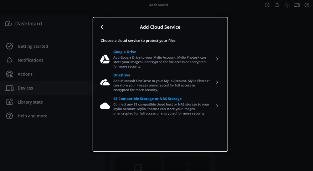 The Add Cloud Service dialog, offering Google Drive, OneDrive, and S3 Compatible Storage or NAS Storage.