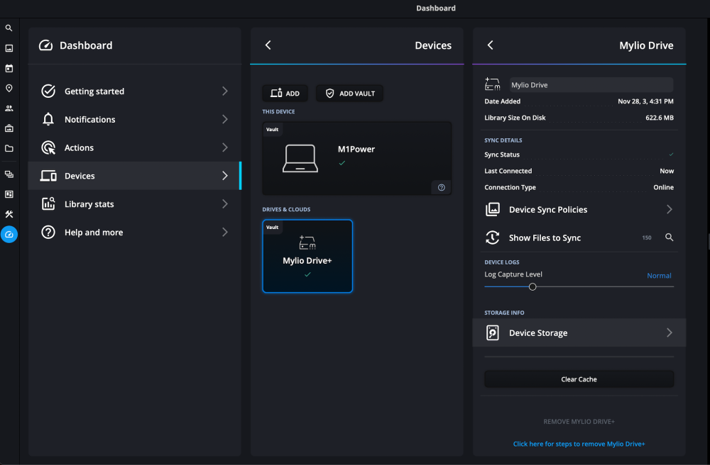 The Dashboard's Devices view with Mylio Drive+ selected, its details panel showing "Remove Mylio Drive+" and a link to the steps for removing it.