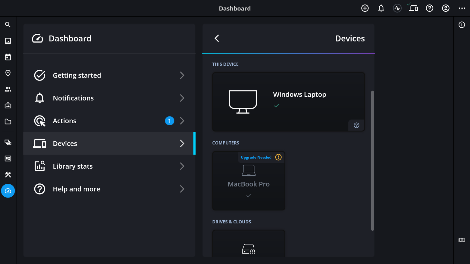 The Dashboard's Devices view, where a MacBook Pro under Computers shows an "Upgrade Needed" warning label.