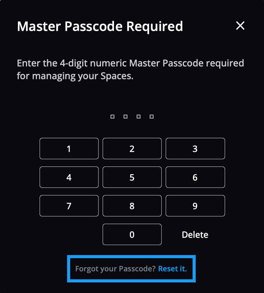 The "Master Passcode Required" keypad, with the "Forgot your Passcode? Reset it." link outlined in blue.