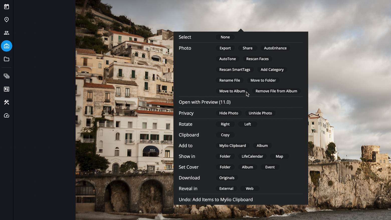 The right-click menu for a photo in Mylio Photos, with the pointer on "Move to Album".