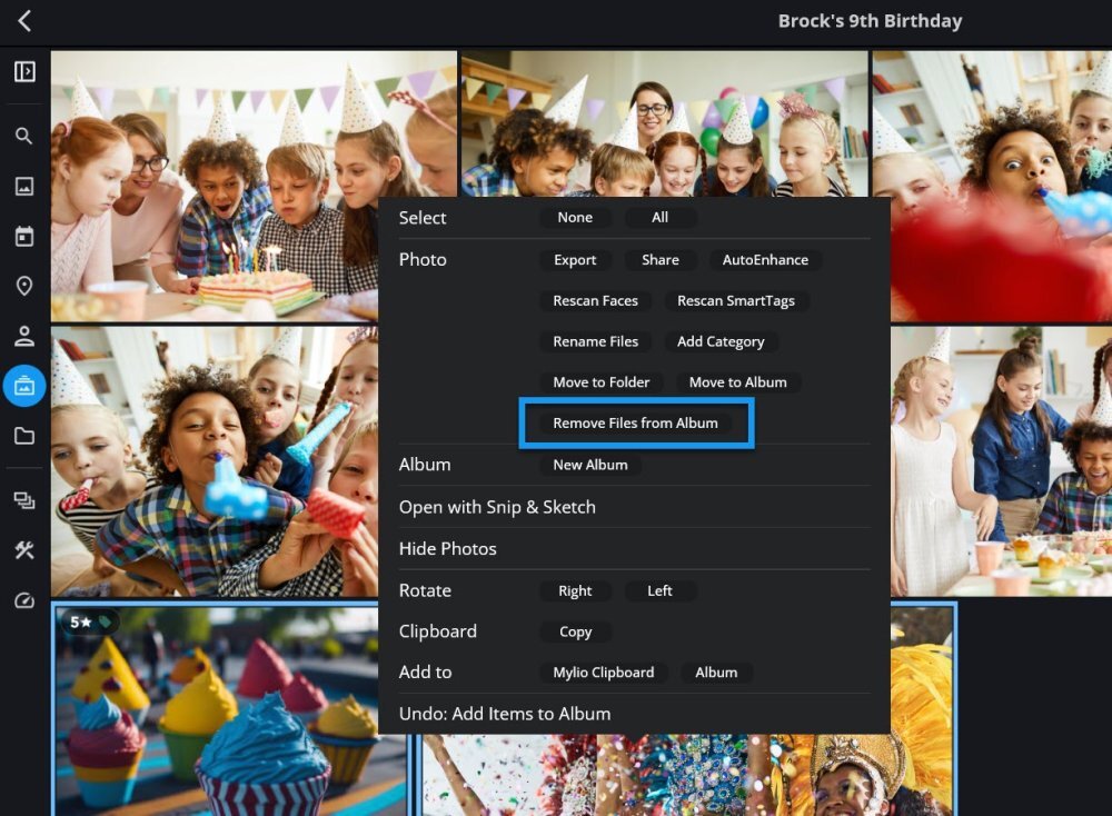 Photos in an album with the right-click menu open and "Remove Files from Album" outlined in blue.