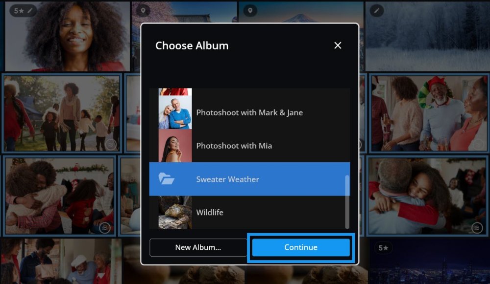 The Choose Album dialog with the Sweater Weather album selected and the Continue button outlined in blue.
