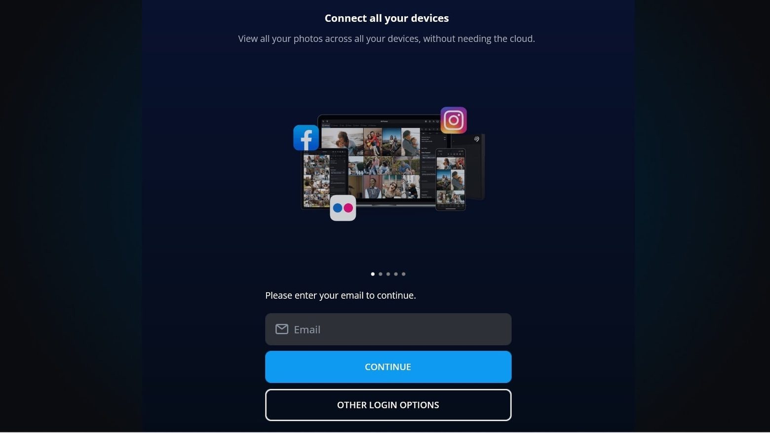 The Mylio Photos sign-in screen asking for an email, with Continue and "Other Login Options" buttons.