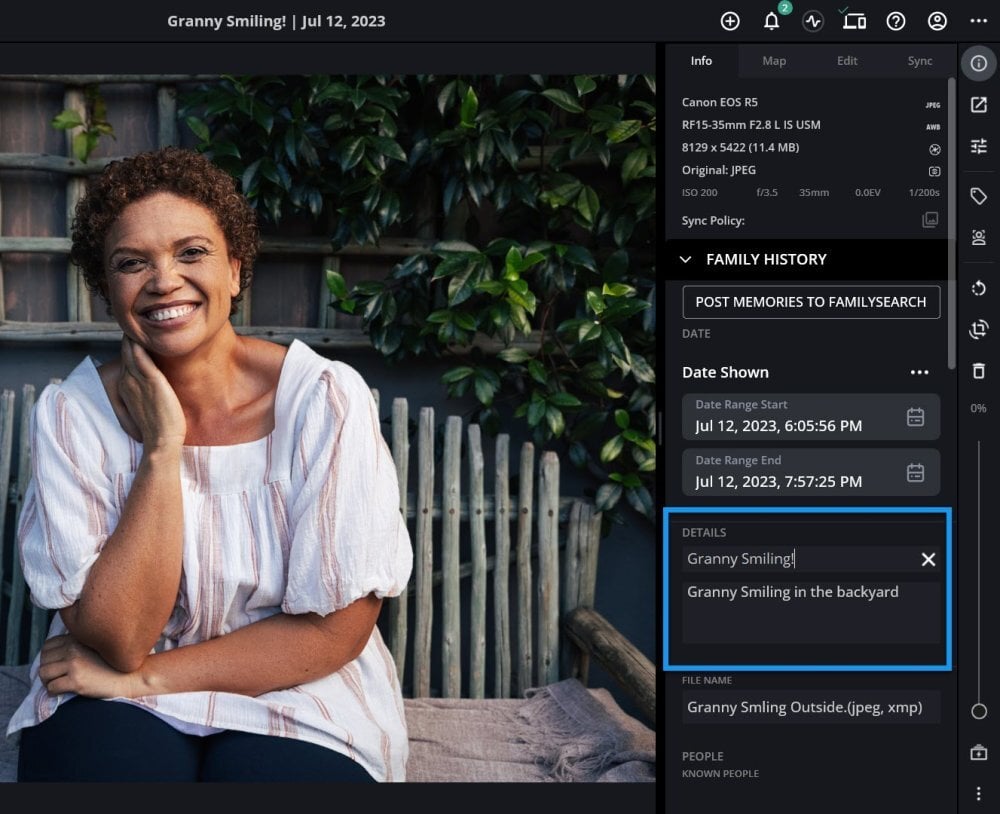 A photo open in Mylio Photos with the Info panel showing the Details section, where a title and caption have been typed, outlined in blue.