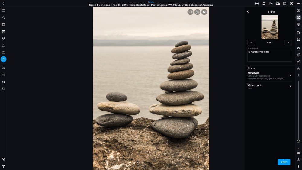 The Flickr posting panel with a Description box, Album, Metadata and Watermark settings, and a Post button.