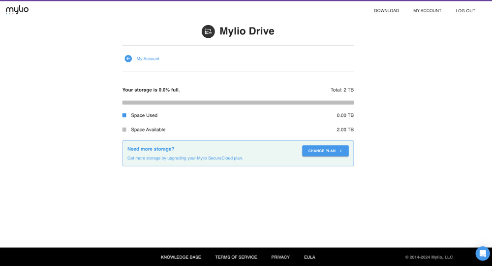 The Mylio Drive page on the Mylio website showing storage used and available, with a "Change Plan" button under "Need more storage?"
