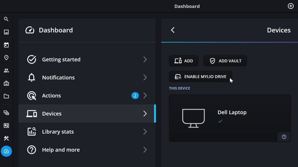 The Dashboard's Devices view with the pointer on the "Enable Mylio Drive" button, next to Add and Add Vault.