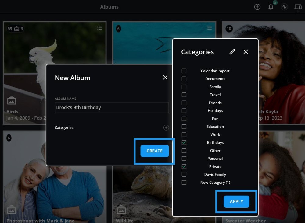 The New Album dialog with an album name typed and the Categories list beside it, with the Create and Apply buttons outlined in blue.
