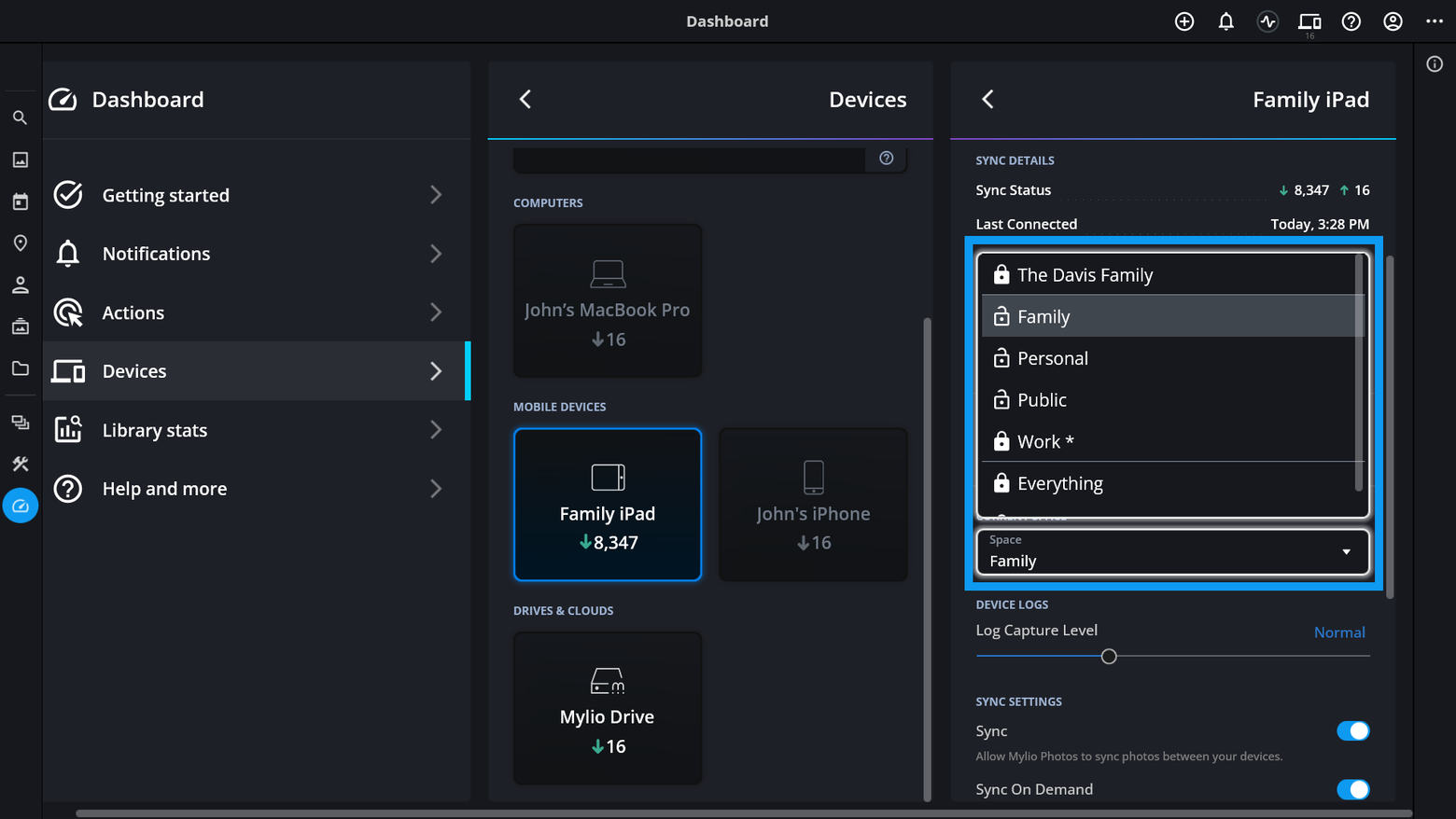 The Dashboard's settings for a Family iPad, with the Space list open and Family chosen, outlined in blue.