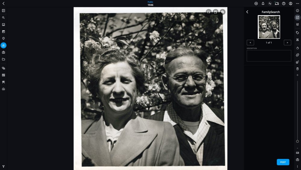 The FamilySearch posting panel with a preview of the photo, an empty Description box, and a Post button.