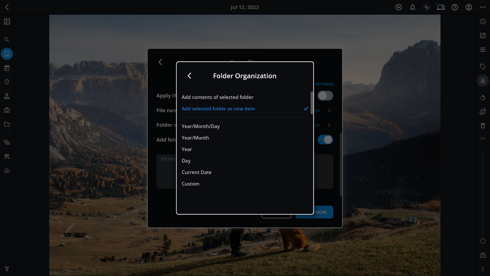 The Folder Organization options during import, with "Add selected folder as new item" chosen and date-based options such as Year/Month/Day below.