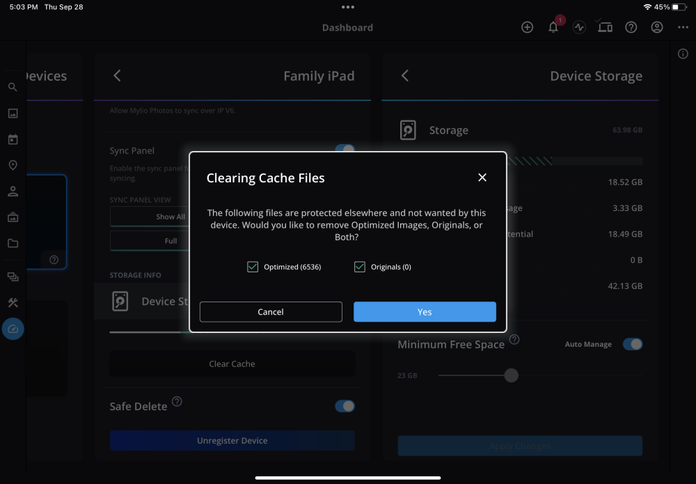 The "Clearing Cache Files" dialog on an iPad asking whether to remove Optimized images, Originals or both, with both boxes checked.