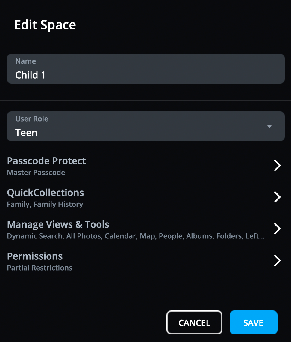 The Edit Space dialog for a child's Space, with User Role set to Teen and Permissions set to Partial Restrictions.