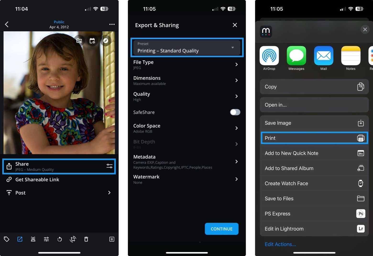 Three iPhone screens: Share highlighted under a photo, Export & Sharing with the "Printing – Standard Quality" preset chosen, and Print highlighted in the iOS share sheet.