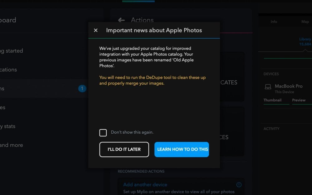 The "Important news about Apple Photos" message saying earlier images were renamed "Old Apple Photos" and the DeDupe tool must be run to merge them.