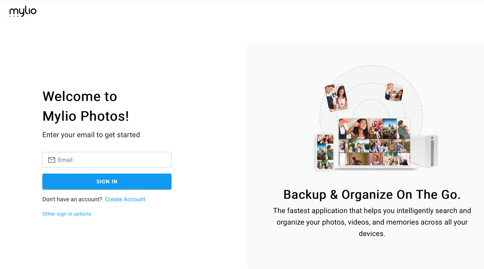 The "Welcome to Mylio Photos!" sign-in page with an Email box, a Sign In button, and links to Create Account and Other sign in options.