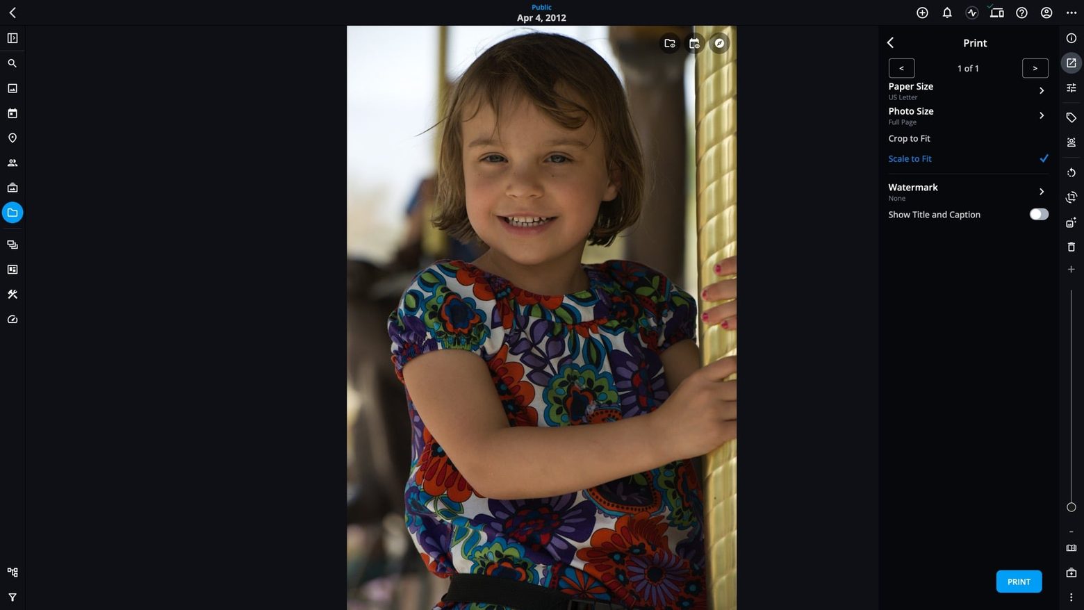 A photo open in Mylio Photos with the Print panel showing Paper Size, Photo Size, Scale to Fit, Watermark and a Print button.