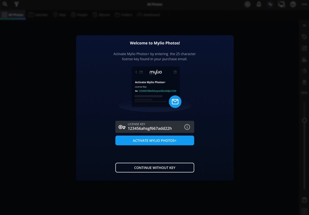 The "Welcome to Mylio Photos!" screen with a License Key box, an "Activate Mylio Photos+" button and a "Continue Without Key" button.