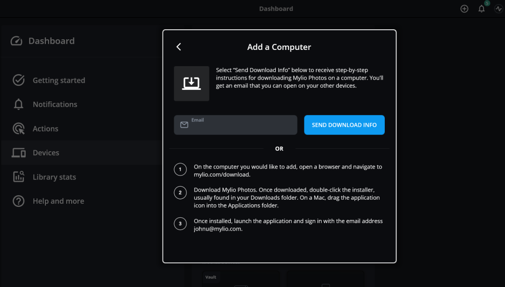 The Add a Computer dialog with an Email box and a "Send Download Info" button, followed by three steps for installing Mylio Photos on another computer.