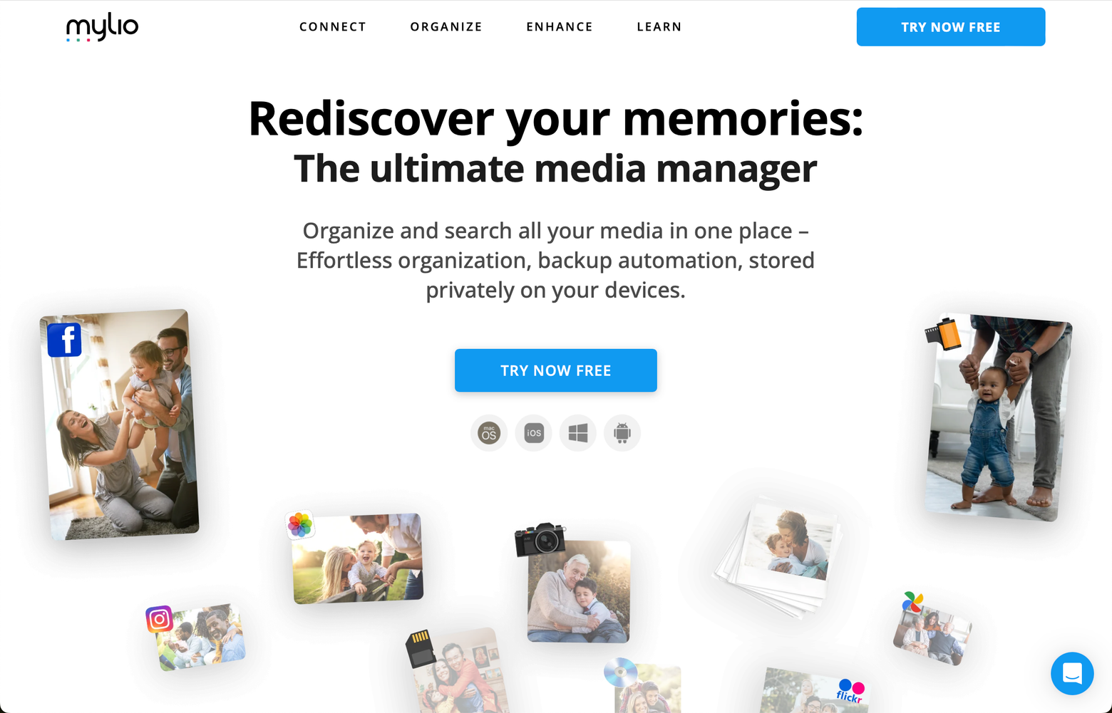 The Mylio website home page, "Rediscover your memories: The ultimate media manager", with Try Now Free buttons.