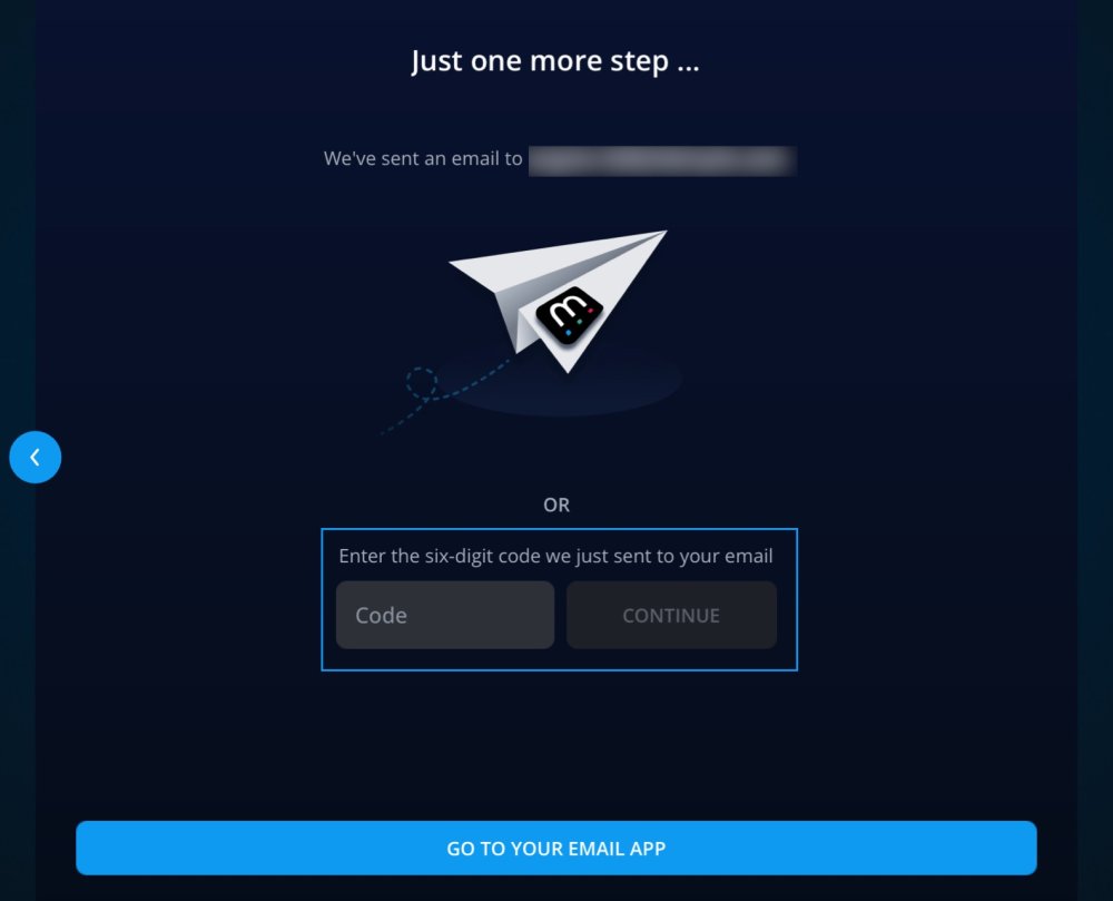 The "Just one more step" screen with the box for the six-digit sign-in code outlined in blue, and a "Go to Your Email App" button.