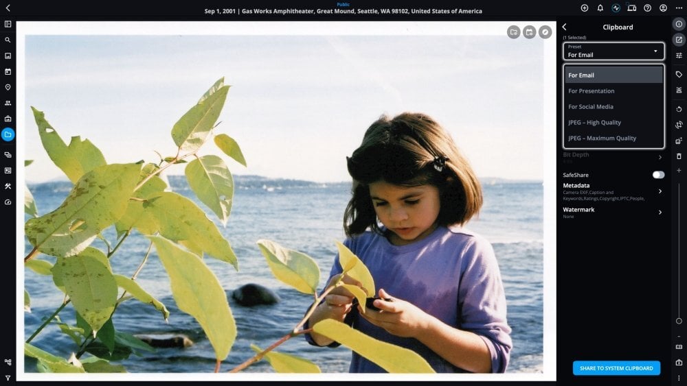 The Clipboard share panel with the Preset list open, showing built-in presets For Email, For Presentation, For Social Media, JPEG – High Quality and JPEG – Maximum Quality.