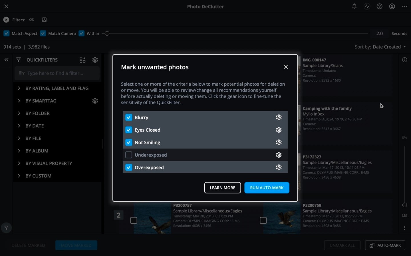 Photo DeClutter's "Mark unwanted photos" dialog with criteria such as Blurry, Eyes Closed and Overexposed checked, and a "Run Auto-Mark" button.
