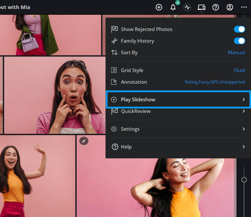 The More menu open over an album, with "Play Slideshow" outlined in blue.