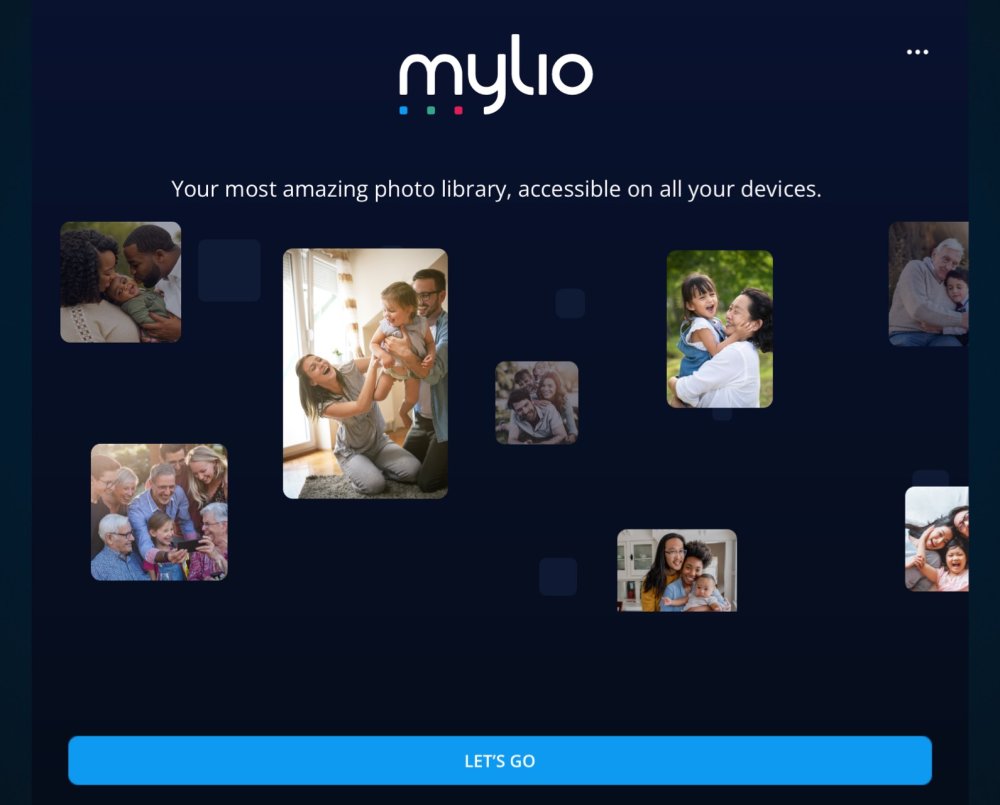 The Mylio Photos welcome screen on a phone or tablet, with a "Let's Go" button.