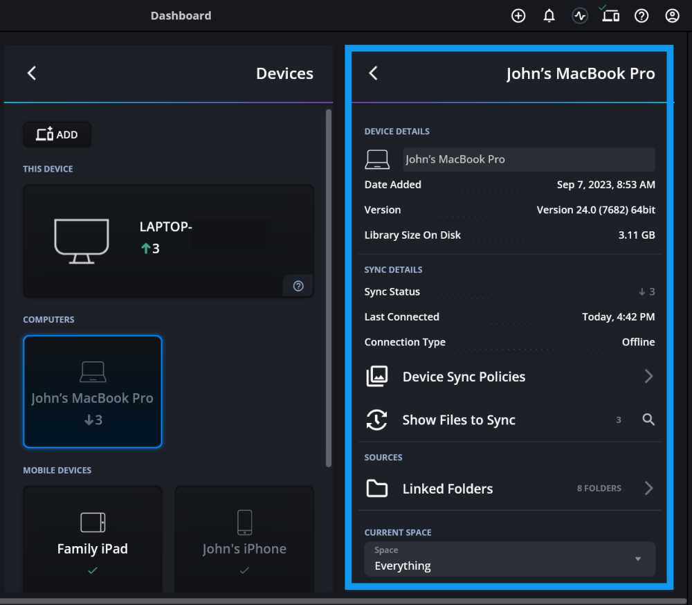 The Dashboard's Devices view with a computer selected and its settings outlined in blue, including Device Sync Policies, Linked Folders and Current Space.
