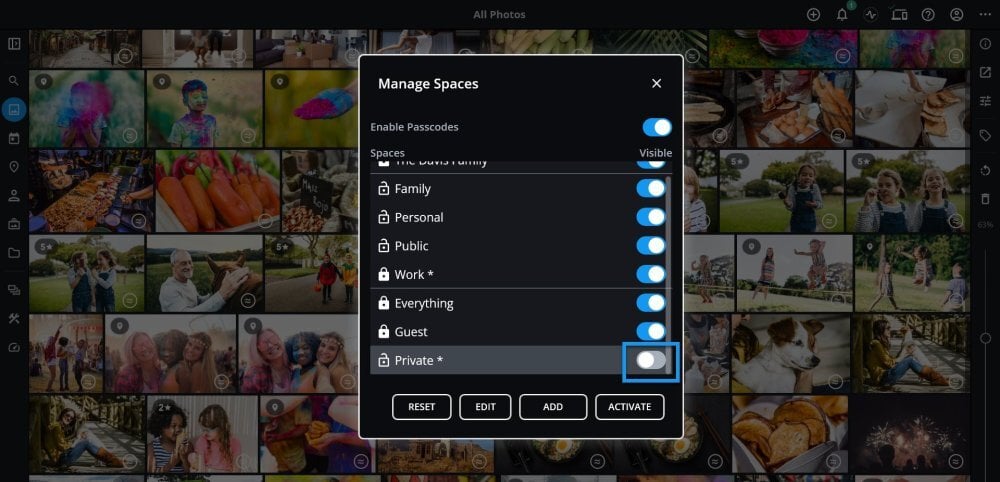 The Manage Spaces dialog with a Visible switch for each Space, and the switch for the Private Space turned off and outlined in blue.
