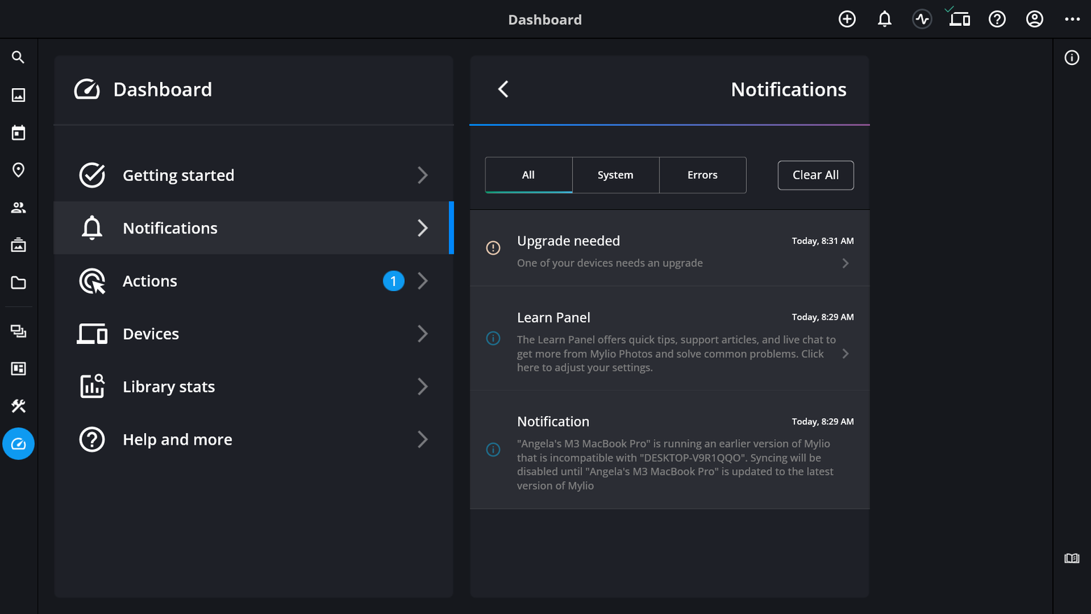 The Dashboard in Mylio Photos with Notifications open, showing an "Upgrade needed" notice and a notice that another computer runs an incompatible earlier version of Mylio.