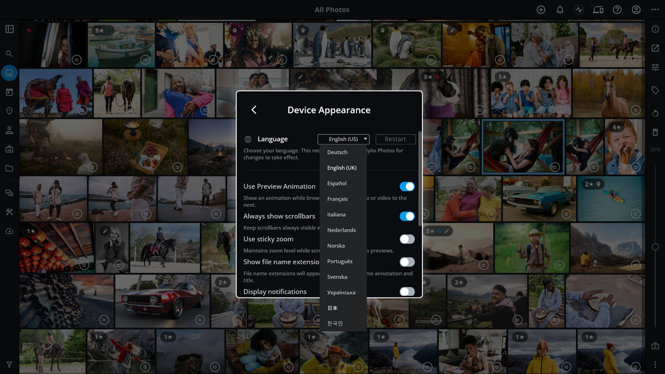 The Device Appearance settings with the Language list open, showing English (US) and other languages such as Deutsch, Español and Français.