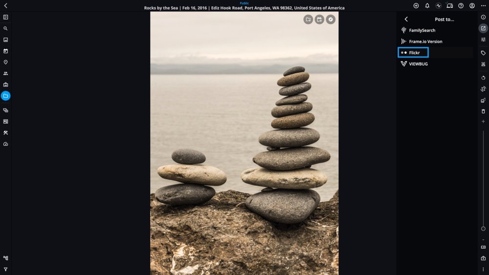 The "Post to…" list in the Share panel, with Flickr outlined in blue among FamilySearch, Frame.io Version and VIEWBUG.