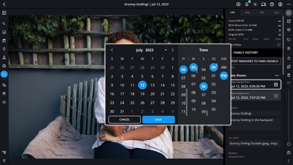 A photo open with the date and time picker showing over the Info panel, with Cancel and Save buttons.