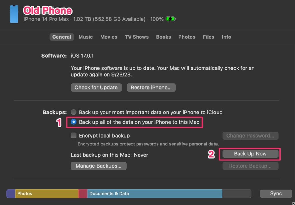 The Mac's iPhone settings for the old phone, with "Back up all of the data on your iPhone to this Mac" and "Back Up Now" highlighted.
