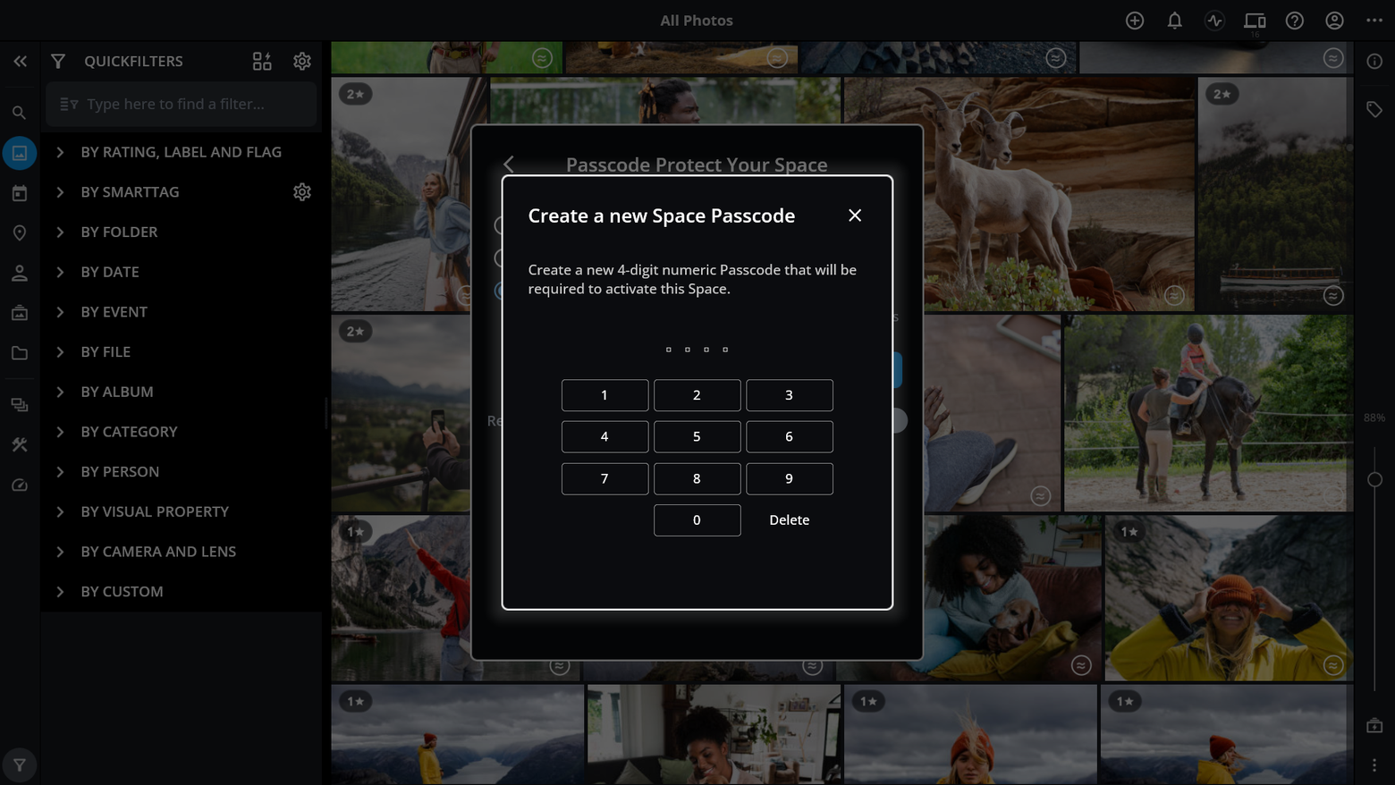 The "Create a new Space Passcode" dialog with a number keypad for entering a 4-digit passcode.