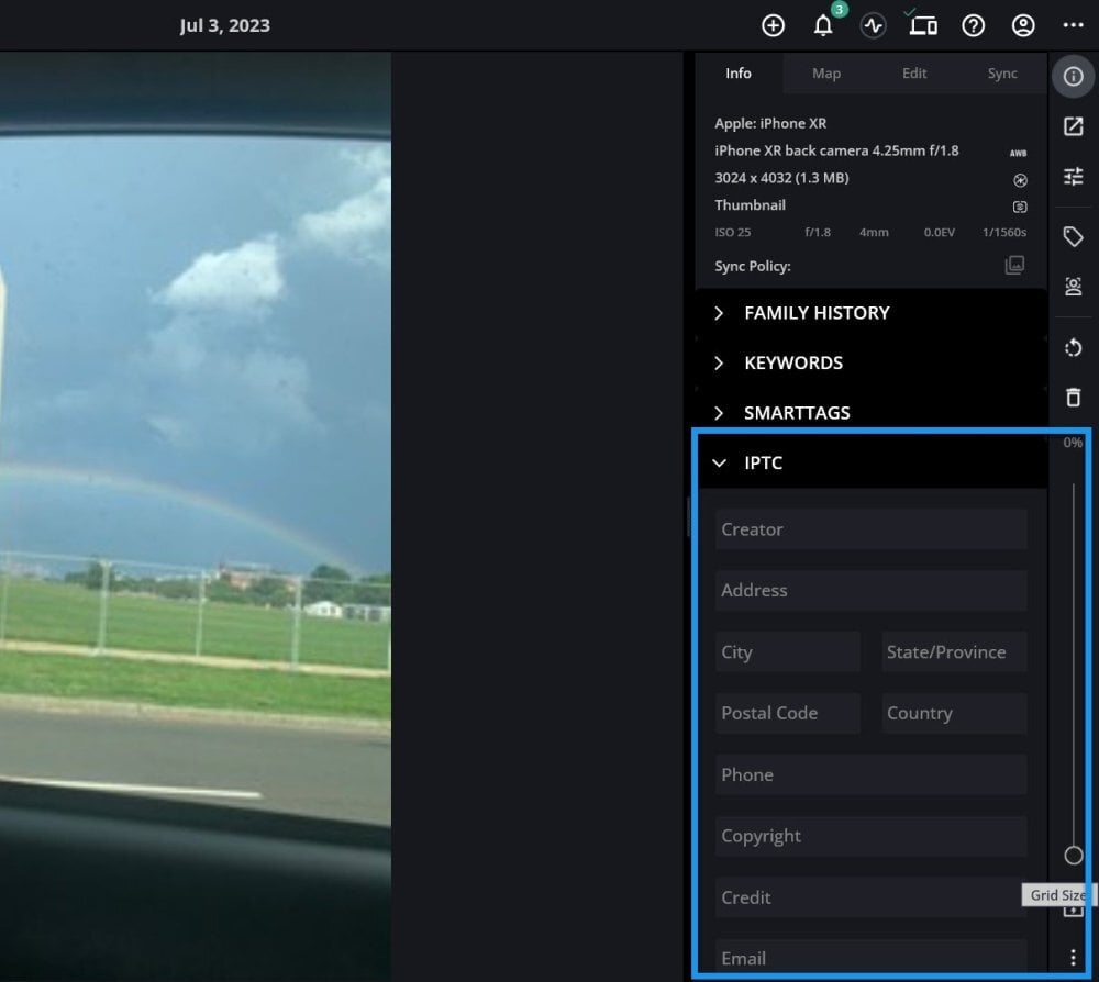 A photo open with the Info panel's IPTC section outlined in blue, showing empty Creator, Address, Phone, Copyright, Credit and Email fields.