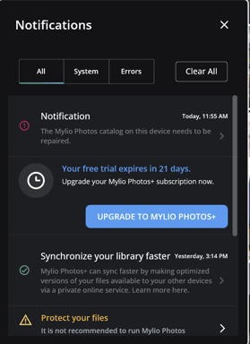 The Notifications panel with a notice that the Mylio Photos catalog on this device needs to be repaired.