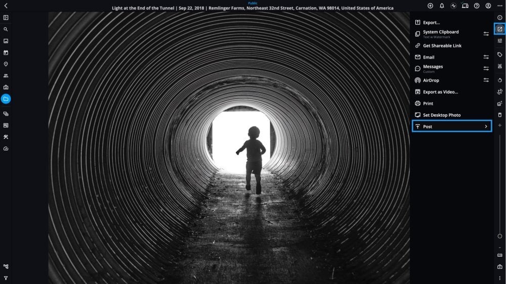 A photo open with the Share panel showing, and the Share icon and the Post option outlined in blue.
