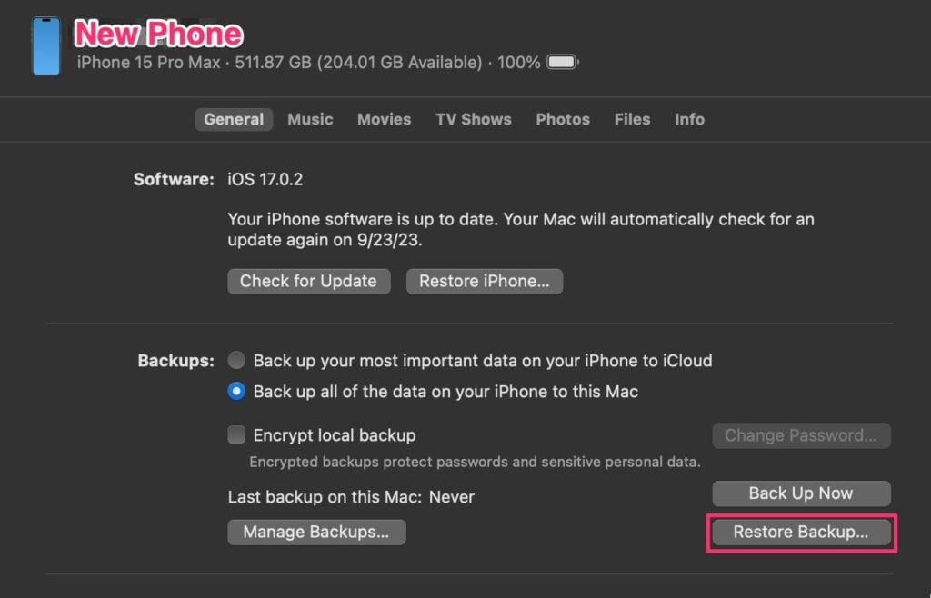 The Mac's iPhone settings for the new phone, with the "Restore Backup…" button highlighted.