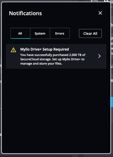 The Notifications panel showing "Mylio Drive+ Setup Required", saying SecureCloud storage was purchased and Mylio Drive+ needs to be set up.