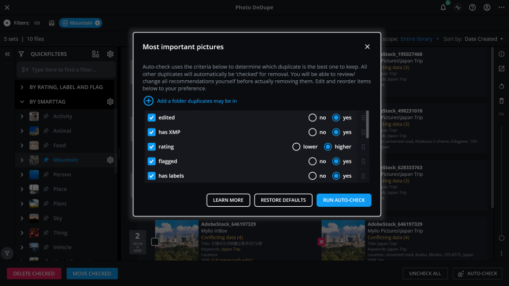 Photo DeDupe's "Most important pictures" dialog listing Auto-Check criteria such as edited, has XMP, rating and flagged, with a "Run Auto-Check" button.