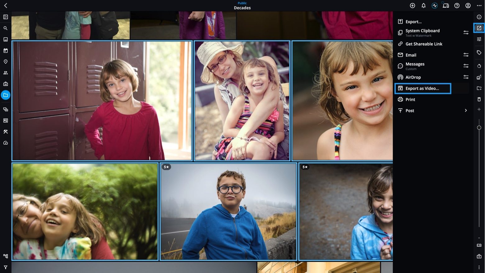 Selected photos with the Share panel open and "Export as Video…" outlined in blue.