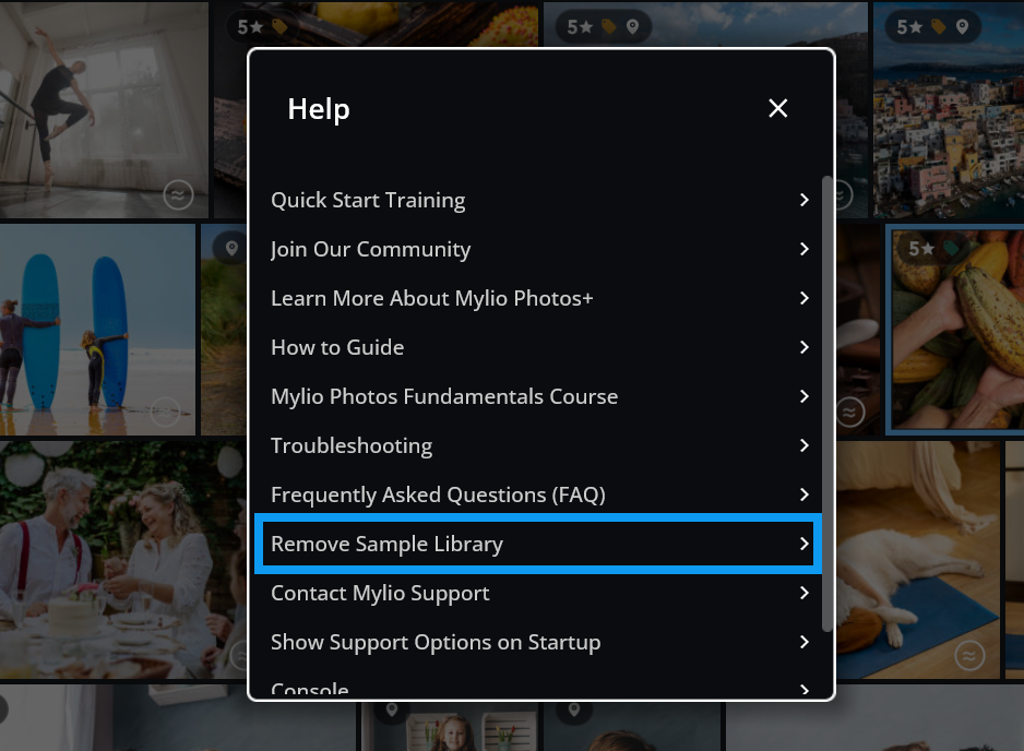 The Help menu in Mylio Photos with "Remove Sample Library" outlined in blue.