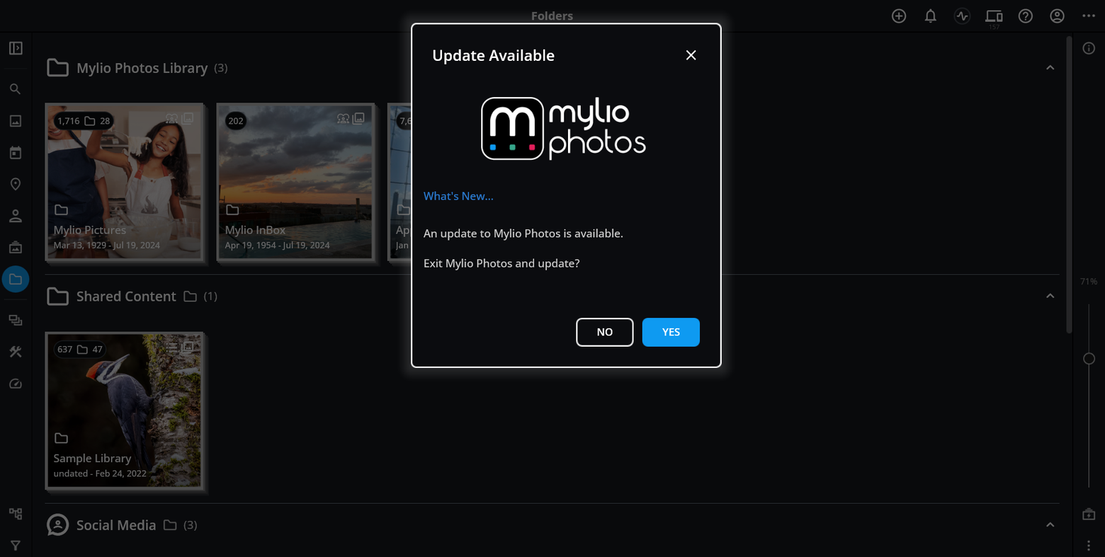The "Update Available" dialog asking "Exit Mylio Photos and update?" with No and Yes buttons and a "What's New" link.